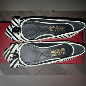 Salvatore Ferragamo Black and White Striped Flats